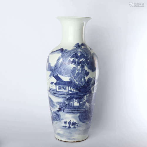 Blue and white vase with landscape pattern in mid Qing Dynasty