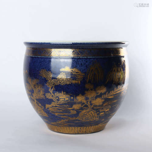 Blue glaze decorated jar with gold depicting landscape pattern in mid Qing Dynasty