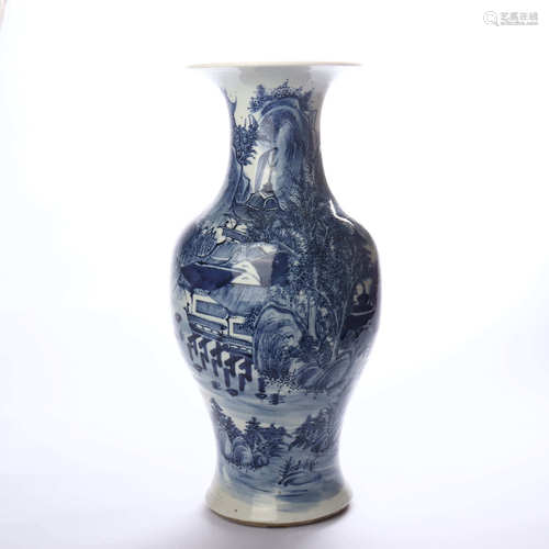 Blue and white vase with landscape pattern in late Qing Dynasty