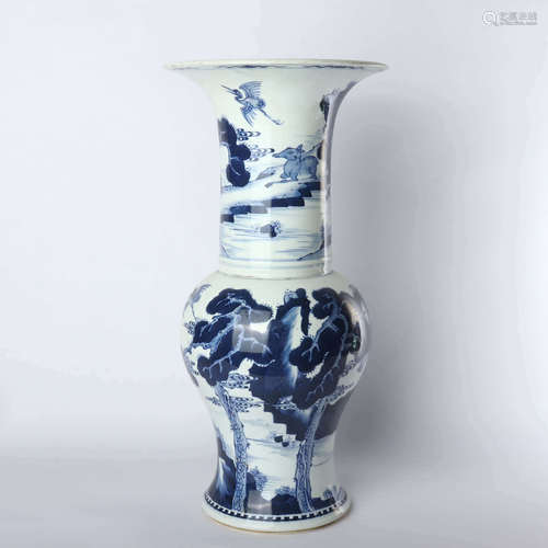 Phoenix Tail statue decorated with blue and white landscape, flowers and birds in early Qing Dynasty