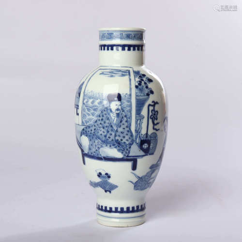 Blue and white figure flower decorative vase in the middle of Qing Dynasty