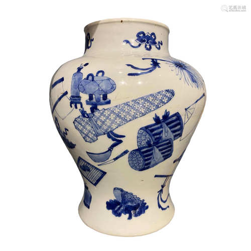 Qing Dynasty blue and white Bo Gu pattern general jar