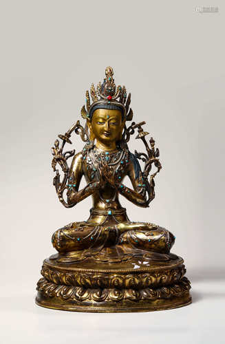 The statue of a Tara inlaid with gold and copper in the middle of Qing Dynasty