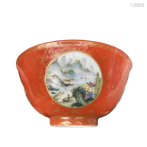 Red glaze gilded pink color Kaiguang landscape decorative bowl in the middle of Qing Dynasty