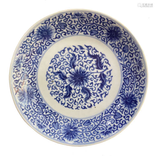 Decorative plate of blue and white lotus flowers in the middle of Qing Dynasty