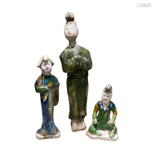 A group of three colored figurines of the crown prince of the Tang Dynasty