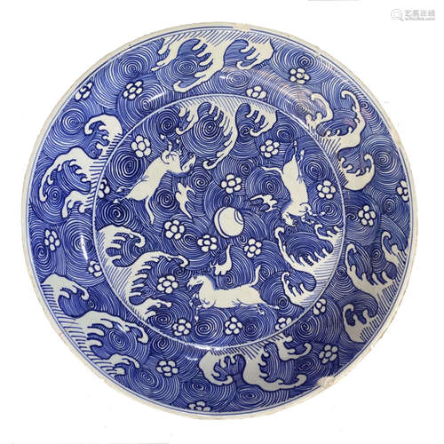 Horse pattern plate with blue and white flowers in early Qing Dynasty