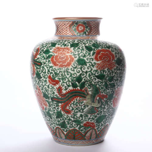 Early Qing Dynasty five color Phoenix wear peony decorative jar