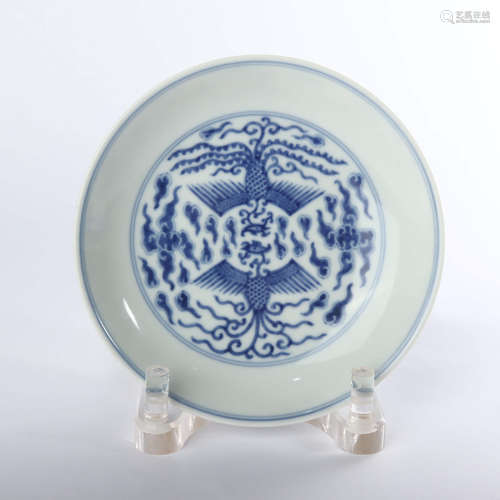 Blue and white plate with phoenix pattern made in Guangxu year of Qing Dynasty