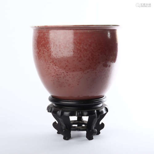 Sacrificial red glaze roll VAT in the middle of Qing Dynasty