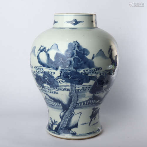 General jar decorated with blue and white crane and deer in early Qing Dynasty