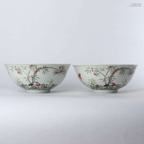 A pair of decorated bowls with pink color and longevity peach in Guangxu year of Qing Dynasty