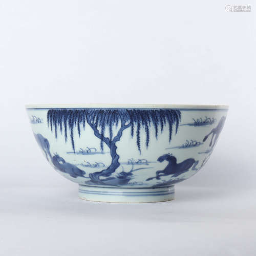 Blue and white horse pattern bowl in the middle of Qing Dynasty