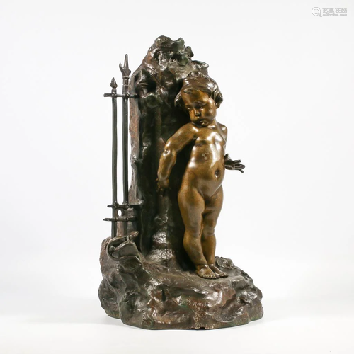 Henri PERNOT, Child With Lizard, Bronze Statue