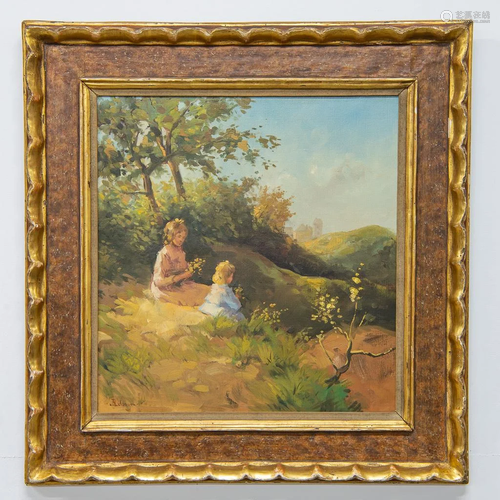 Painting in a Sculptured Wood, 19th century Frame