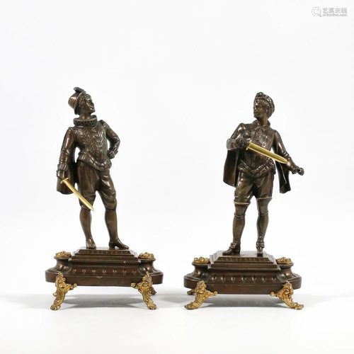 Pair of Bronze Figurines, Knights, with Drawn Sword