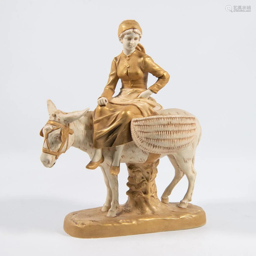 Royal Dux Porcelain Statue, Woman with Donkey