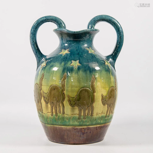 Flemish Earthenware Vase With Cat Decor