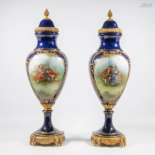 Pair of Sèvres Vases with Handpainted Decor