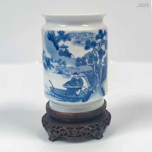 18TH C YONGZHENG BLUE & WHITE BRUSH POT ON STAND