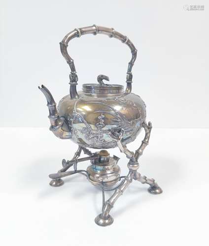 CHINESE EXPORT SILVER WANGHING TEA KETTLE & BURNER