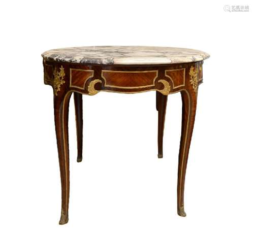 BRONZE MOUNTED MAHOGANY WOOD TABLE W/ MARBLE TOP