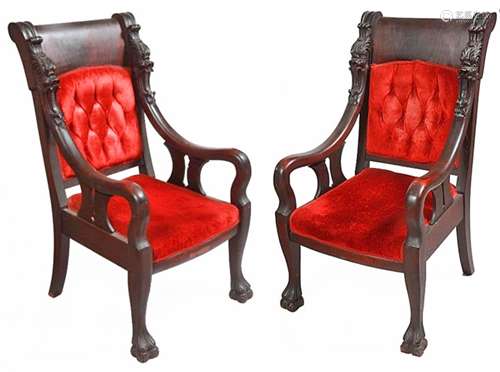 MAHOGANY CARVED LION CHAIRS