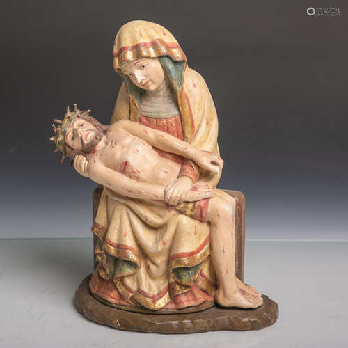 Pieta (20. Jahrhundert), vollplastisch geschnitzt, polychrom gefasst u. teils orig.