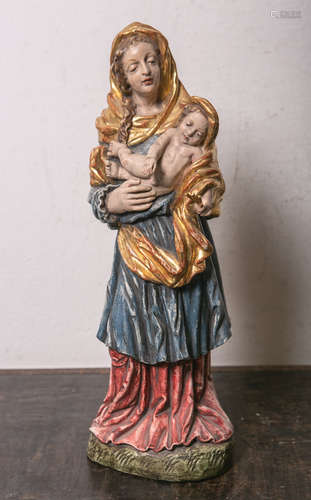 Holzfigur der Maria m. Jesusknaben (20. Jahrhundert), vollplastisch geschnitzt, polychrom