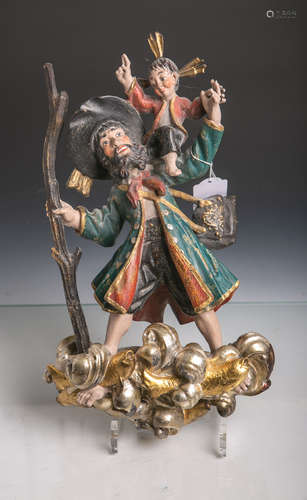 Kl. Wandfigur des Hl. Christophorus (20. Jahrhundert), Holz vollplastisch geschnitzt,