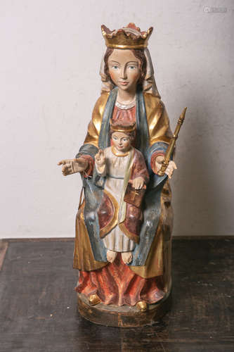 Holzfigur der thronenden Madonna m. Jesuskind (20. Jahrhundert), vollplastisch geschnitzt,