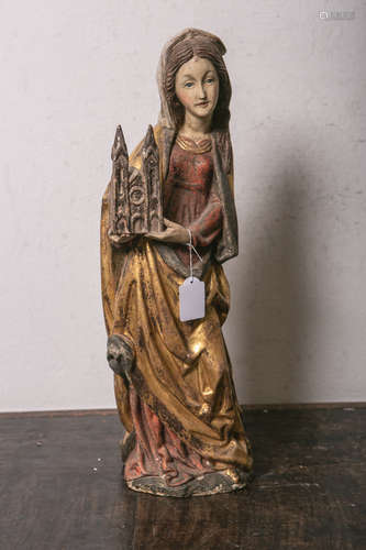 Wandfigur wohl der Hl. Hedwig (20. Jahrhundert), Holz geschnitzt, polychrom gefasst u.