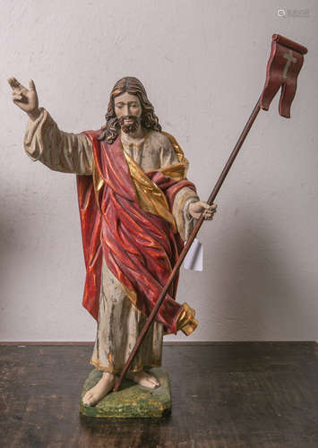 Holzfigur Jesus m. Siegesfahne (20. Jahrhundert), vollplastisch geschnitzt, polychrom