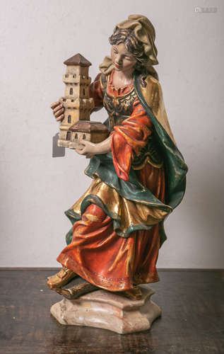 Holzfigur der Hl. Barbara (20. Jahrhundert), vollplastisch geschnitzt, polychrom gefasst