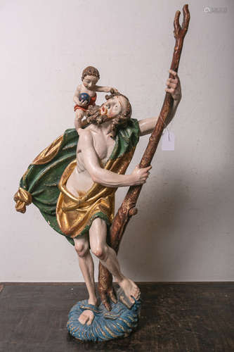 Holzfigur des Hl. Christophorus (20. Jahrhundert), vollplastisch geschnitzt, polychrom