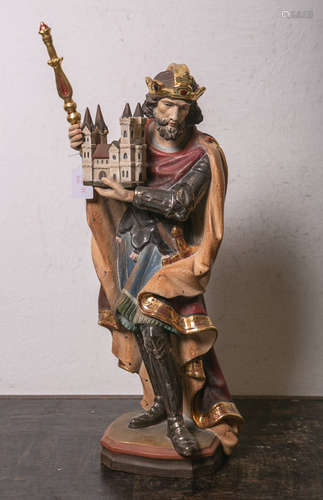 Holzfigur des Hl. Heinrichs m. Zepter u. Dom (20. Jahrhundert), vollplastisch geschnitzt,