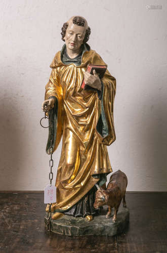 Holzfigur des Hl. Lukas Evangelist (20. Jahrhundert), vollplastisch geschnitzt, polychrom