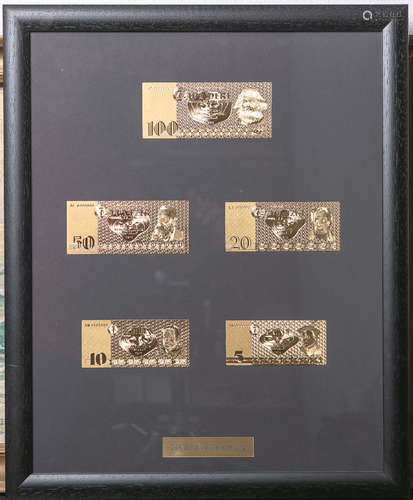 DDR-Geldscheine/Banknoten (5 Stück), in 24 K Gold-Vollveredelung, 5 Mark-100 Mark, ca. 55