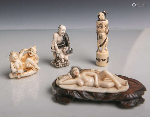 1 Netsuke u. 3 kl. Figurinen aus Elfenbein (wohl Japan, um 1920/40), feine Schnitzarbeit