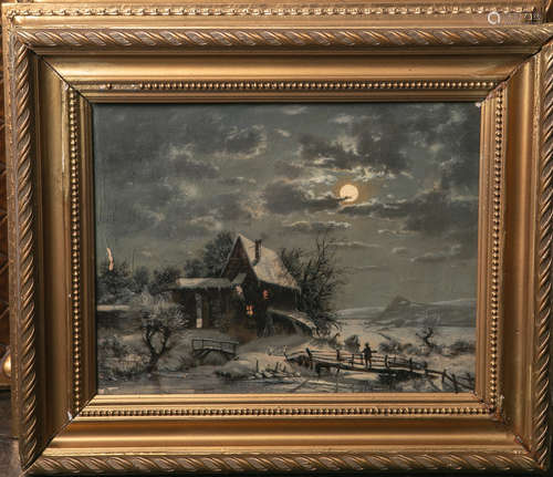 Jett, Wilhelm (1846-1877 Gießen), Stimmungsvolle Winterkirche bei Vollmond, Öl auf