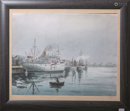 Mercadé, David (20. Jahrhundert), Dampfer im Hafen, Aquarell/Papier, li. u. sign., Papier