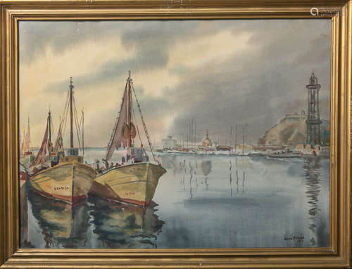 Mercadé, David (20. Jahrhundert), Fischerboote im Hafen, Aquarell/Papier, re. u. sign. u.