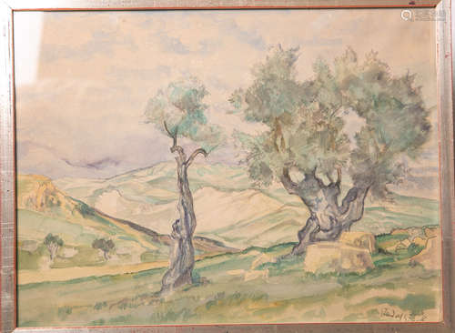 Sieck, Rudolf (1877 - 1957), alte Eichen in Hügellandschaft, Aquarell, re. u. sign., ca.