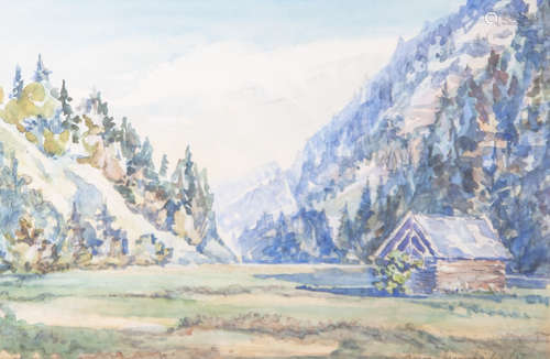 Mumbächer, Heinz (20. Jahrhundert), Alpine Landschaft m. Berghütte, Aquarell, re. u. sign.