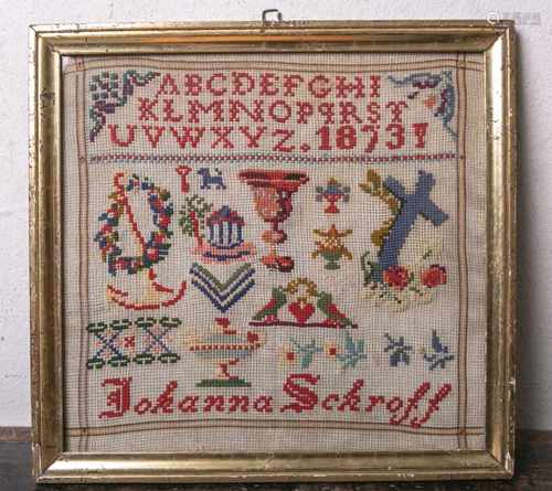 Stickarbeit von Johanna Schroff (1873), farbig, ca. 35 x 36 cm, hinter Glas gerahmt