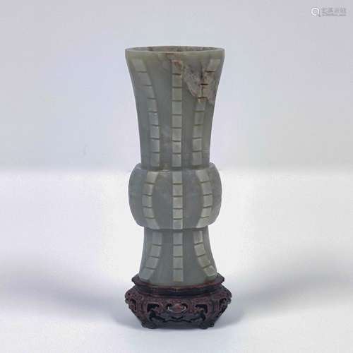 QING CARVED JADE GU VASE ON STAND