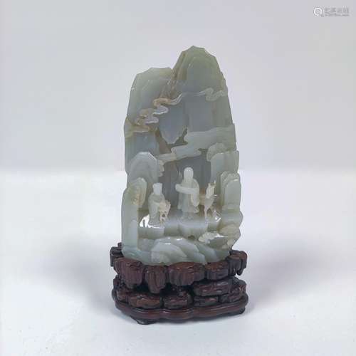 QING CARVED JADE GROTTO MOUNTAIN ON STAND