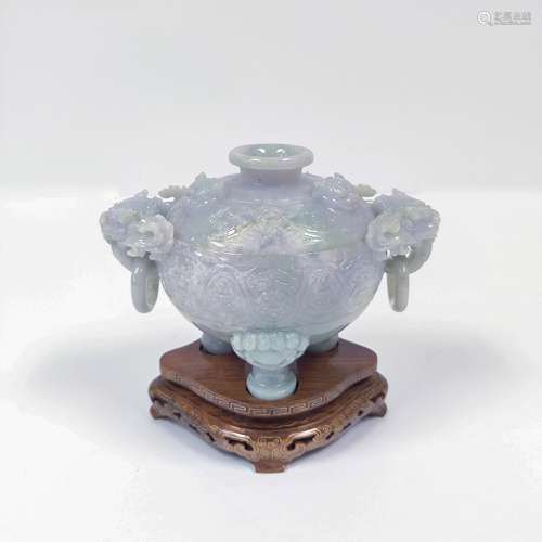 QING CARVED JADEITE LIDDED CENSER ON STAND