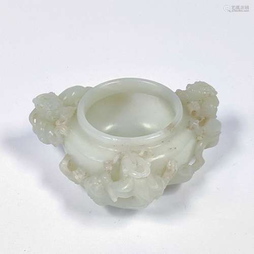 QING CARVED JADE THREE DRAGONS BRUSH WASHER