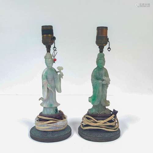 PAIR OF QING CARVED JADEITE LAMPS